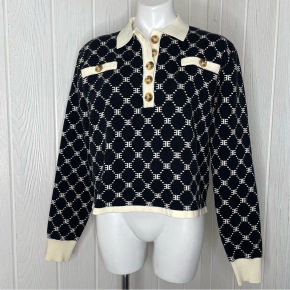 Ell And Emm Monogram Knit Sweater M Black Ivory Collared Quarter Button EE - Picture 2 of 11